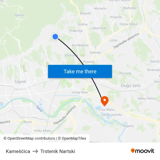 Kameščica to Trstenik Nartski map