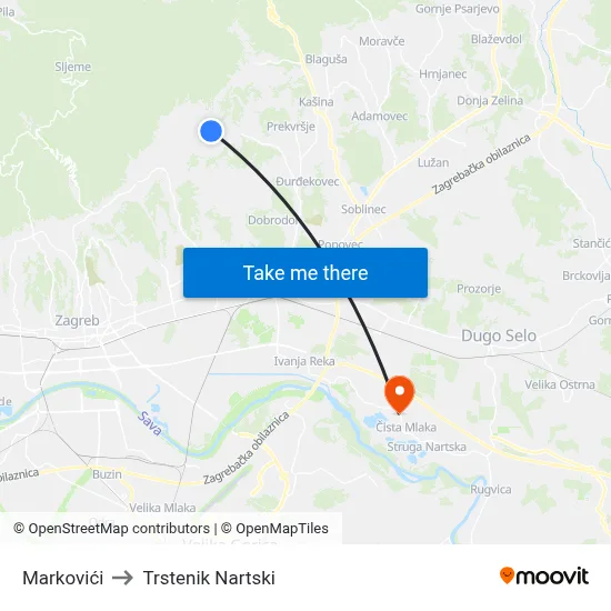 Markovići to Trstenik Nartski map