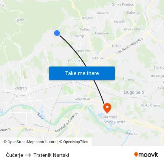 Čučerje to Trstenik Nartski map