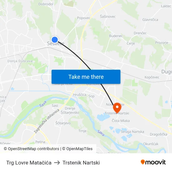 Trg Lovre Matačića to Trstenik Nartski map