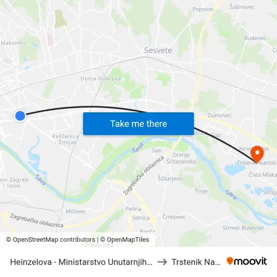 Heinzelova - Ministarstvo Unutarnjih Poslova to Trstenik Nartski map