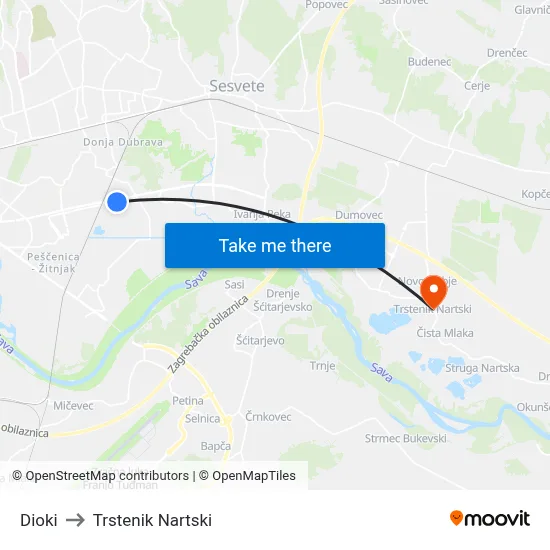 Dioki to Trstenik Nartski map