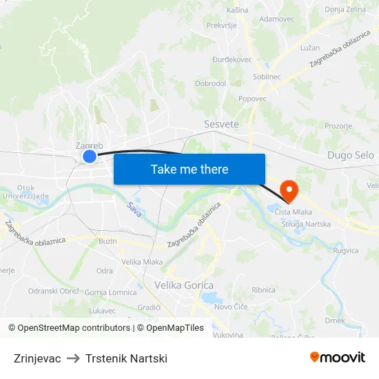 Zrinjevac to Trstenik Nartski map