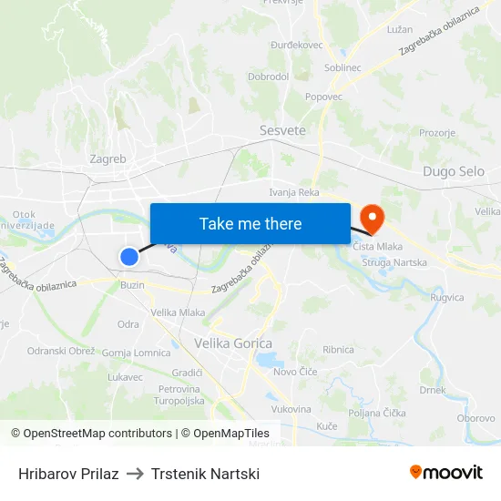 Hribarov Prilaz to Trstenik Nartski map