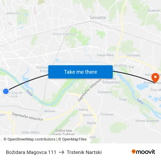 Božidara Magovca 111 to Trstenik Nartski map