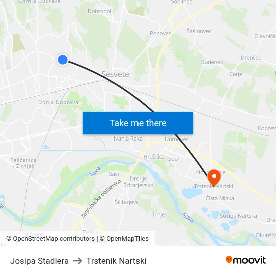 Josipa Stadlera to Trstenik Nartski map