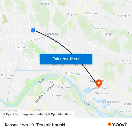 Rosandićeva to Trstenik Nartski map