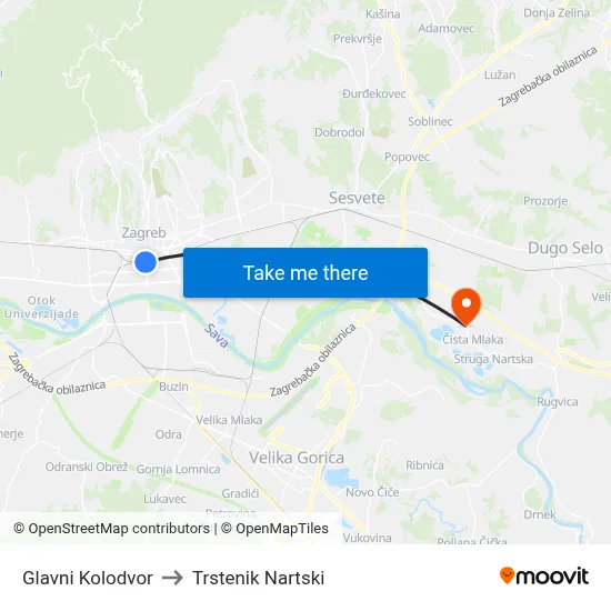 Glavni Kolodvor to Trstenik Nartski map