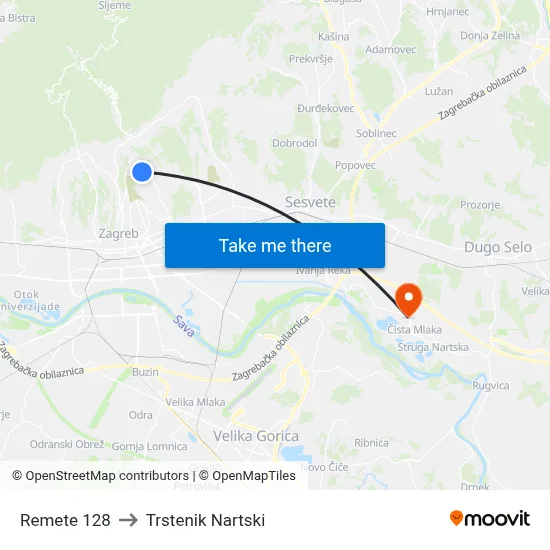 Remete 128 to Trstenik Nartski map