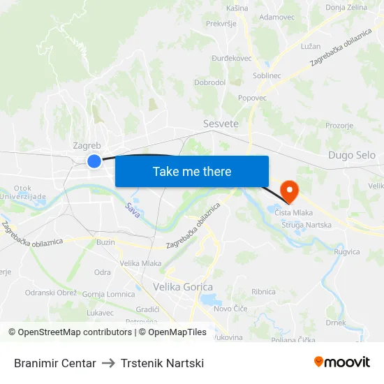 Branimir Centar to Trstenik Nartski map