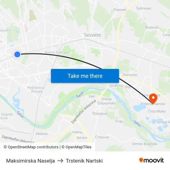 Maksimirska Naselja to Trstenik Nartski map