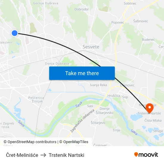 Čret-Melinišće to Trstenik Nartski map