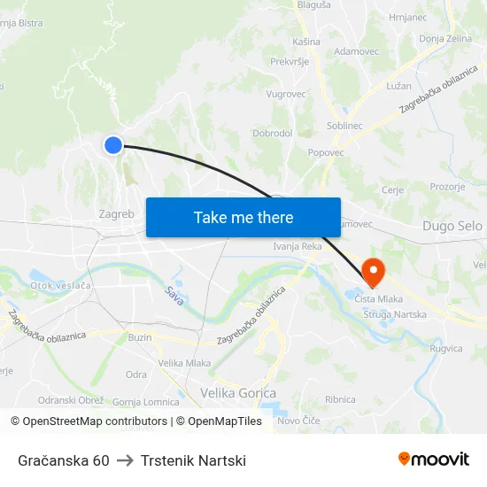 Gračanska 60 to Trstenik Nartski map