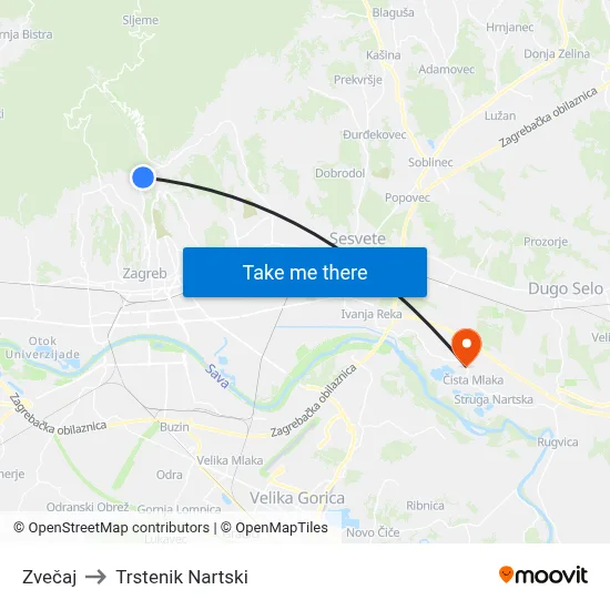 Zvečaj to Trstenik Nartski map