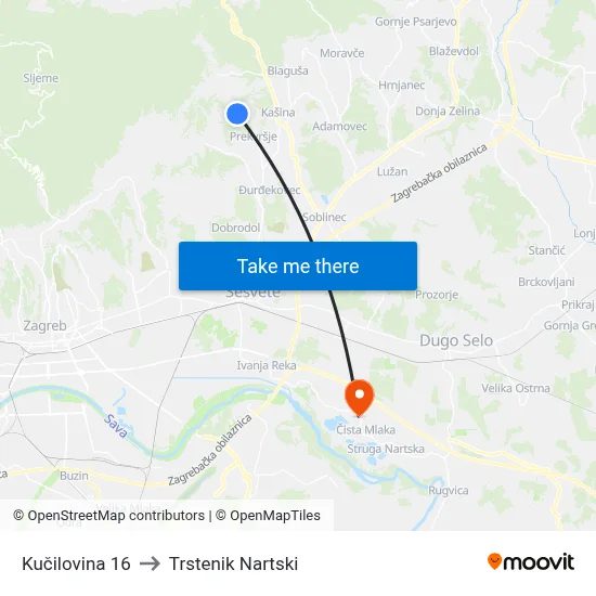 Kučilovina 16 to Trstenik Nartski map