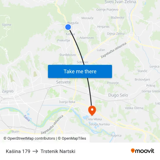 Kašina 179 to Trstenik Nartski map