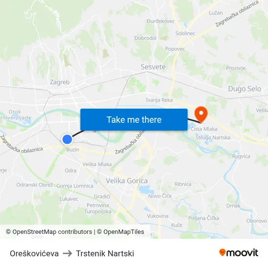 Oreškovićeva to Trstenik Nartski map