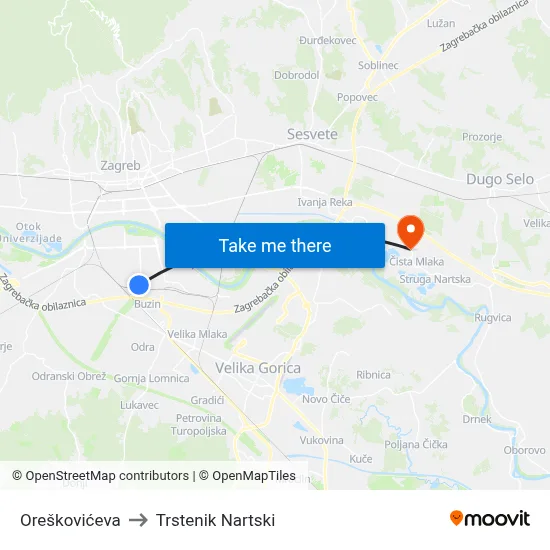 Oreškovićeva to Trstenik Nartski map