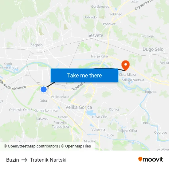 Buzin to Trstenik Nartski map