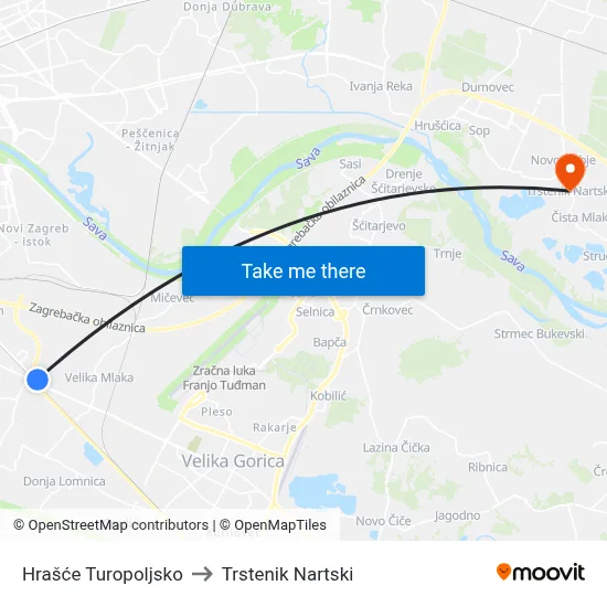Hrašće Turopoljsko to Trstenik Nartski map