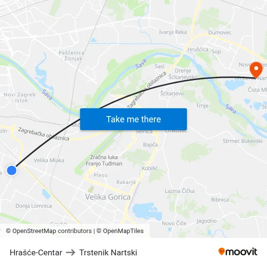 Hrašće-Centar to Trstenik Nartski map