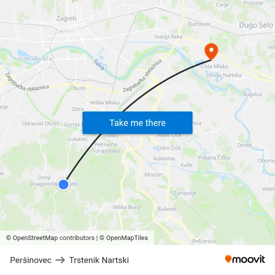 Peršinovec to Trstenik Nartski map
