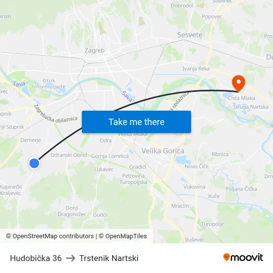 Hudobička 36 to Trstenik Nartski map
