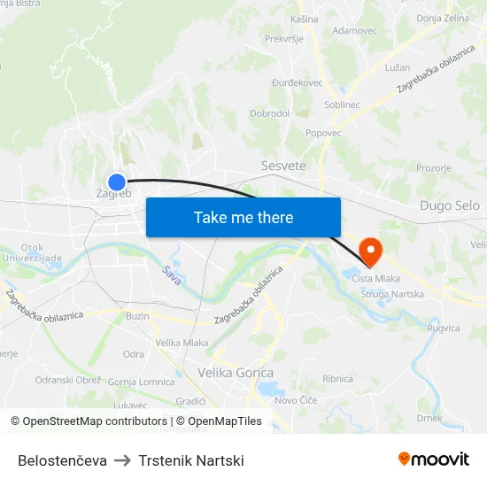 Belostenčeva to Trstenik Nartski map