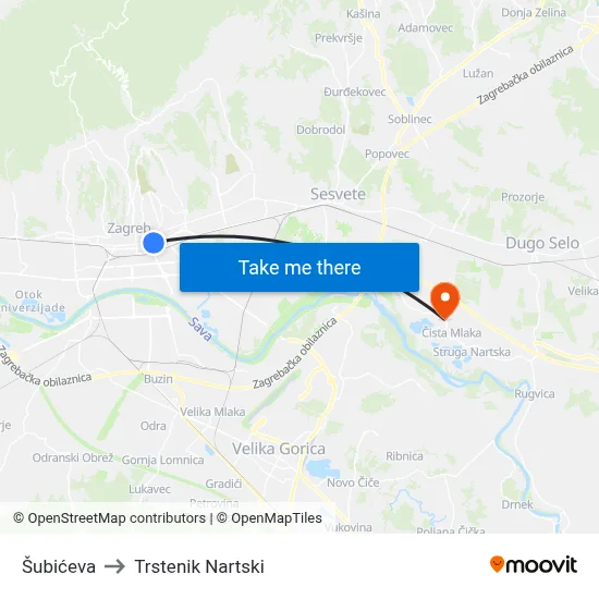 Šubićeva to Trstenik Nartski map