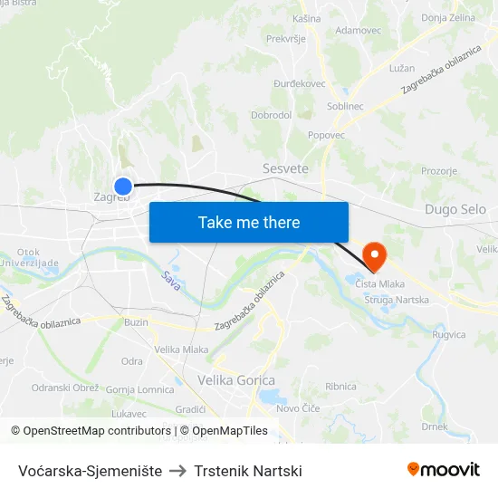 Voćarska-Sjemenište to Trstenik Nartski map