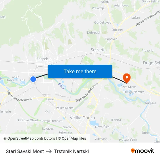 Stari Savski Most to Trstenik Nartski map