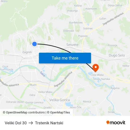 Veliki Dol 30 to Trstenik Nartski map