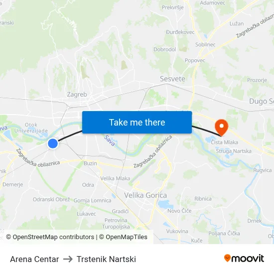 Arena Centar to Trstenik Nartski map