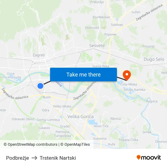 Podbrežje to Trstenik Nartski map