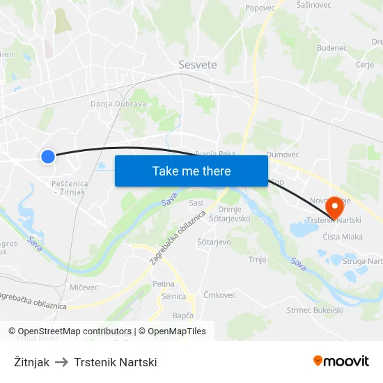 Žitnjak to Trstenik Nartski map