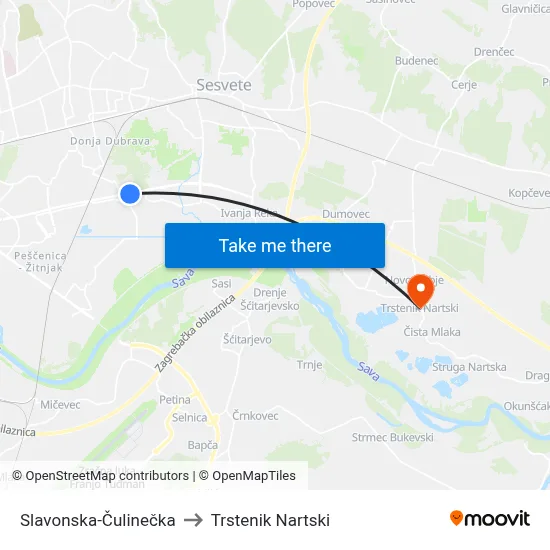 Slavonska-Čulinečka to Trstenik Nartski map