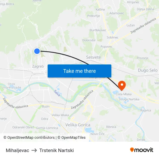 Mihaljevac to Trstenik Nartski map