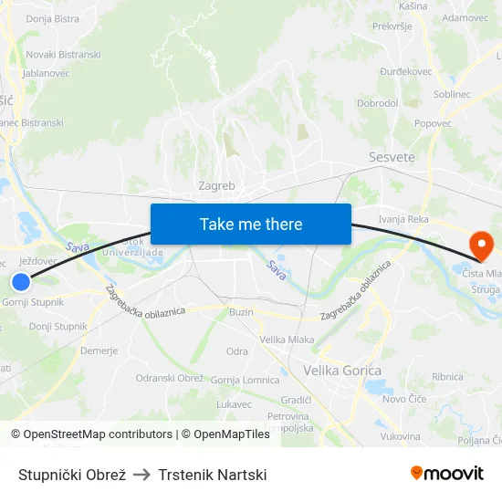 Stupnički Obrež to Trstenik Nartski map