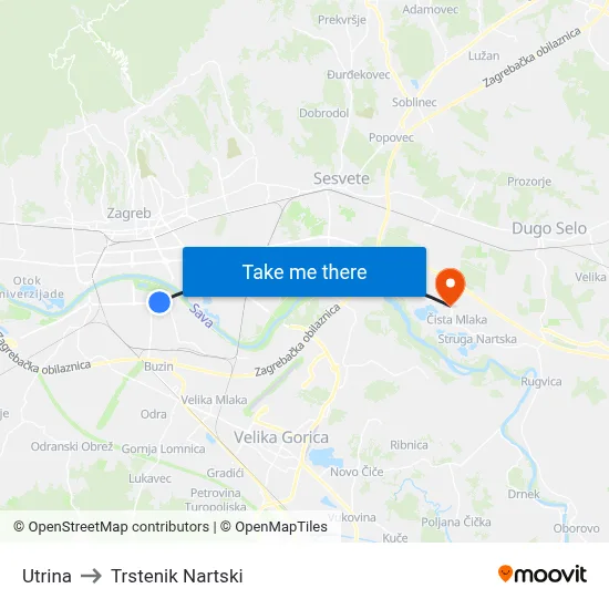 Utrina to Trstenik Nartski map