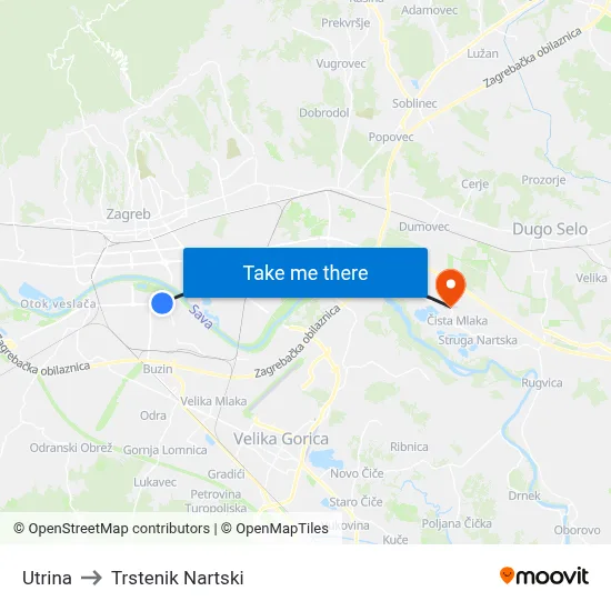 Utrina to Trstenik Nartski map