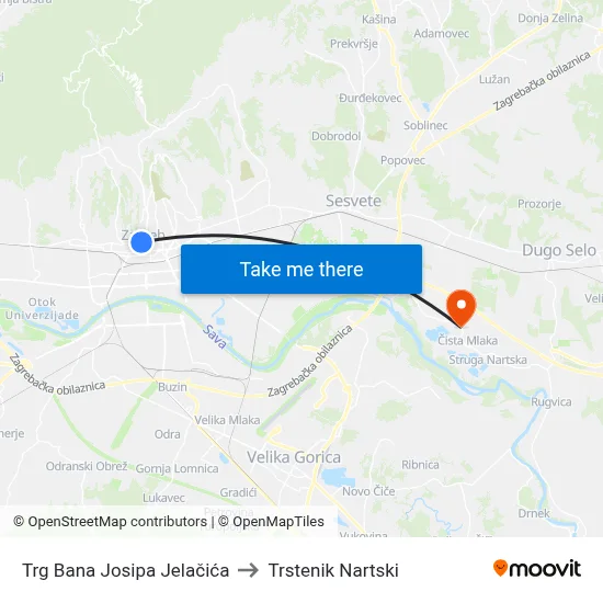Trg Bana Josipa Jelačića to Trstenik Nartski map