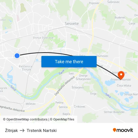 Žitnjak to Trstenik Nartski map