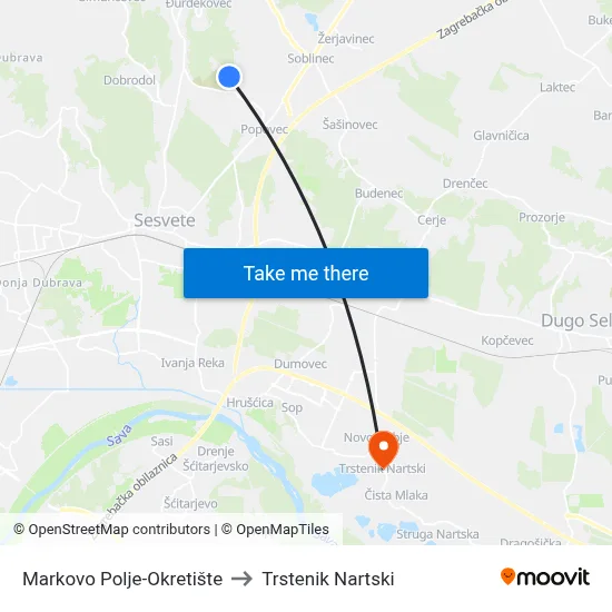Markovo Polje-Okretište to Trstenik Nartski map