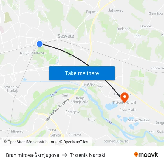 Branimirova-Škrnjugova to Trstenik Nartski map