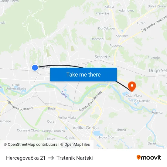 Hercegovačka 21 to Trstenik Nartski map