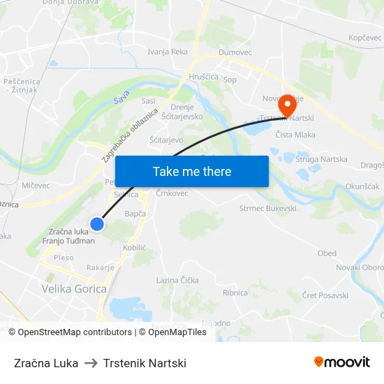 Zračna Luka to Trstenik Nartski map