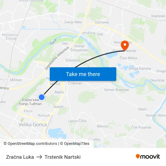 Zračna Luka to Trstenik Nartski map