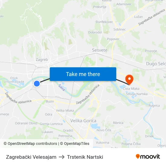 Zagrebački Velesajam to Trstenik Nartski map