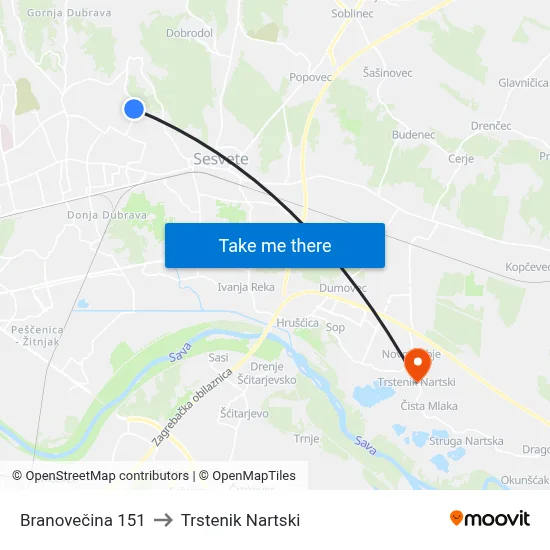 Branovečina 151 to Trstenik Nartski map