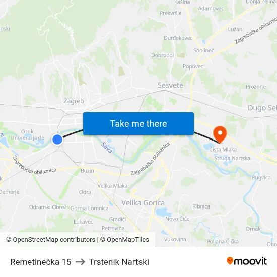 Remetinečka 15 to Trstenik Nartski map